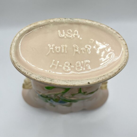 Vintage Hull Pottery Vase USA Art Baby Pink Gold Handles Blue Floral Mid Century - Picture 5 of 10